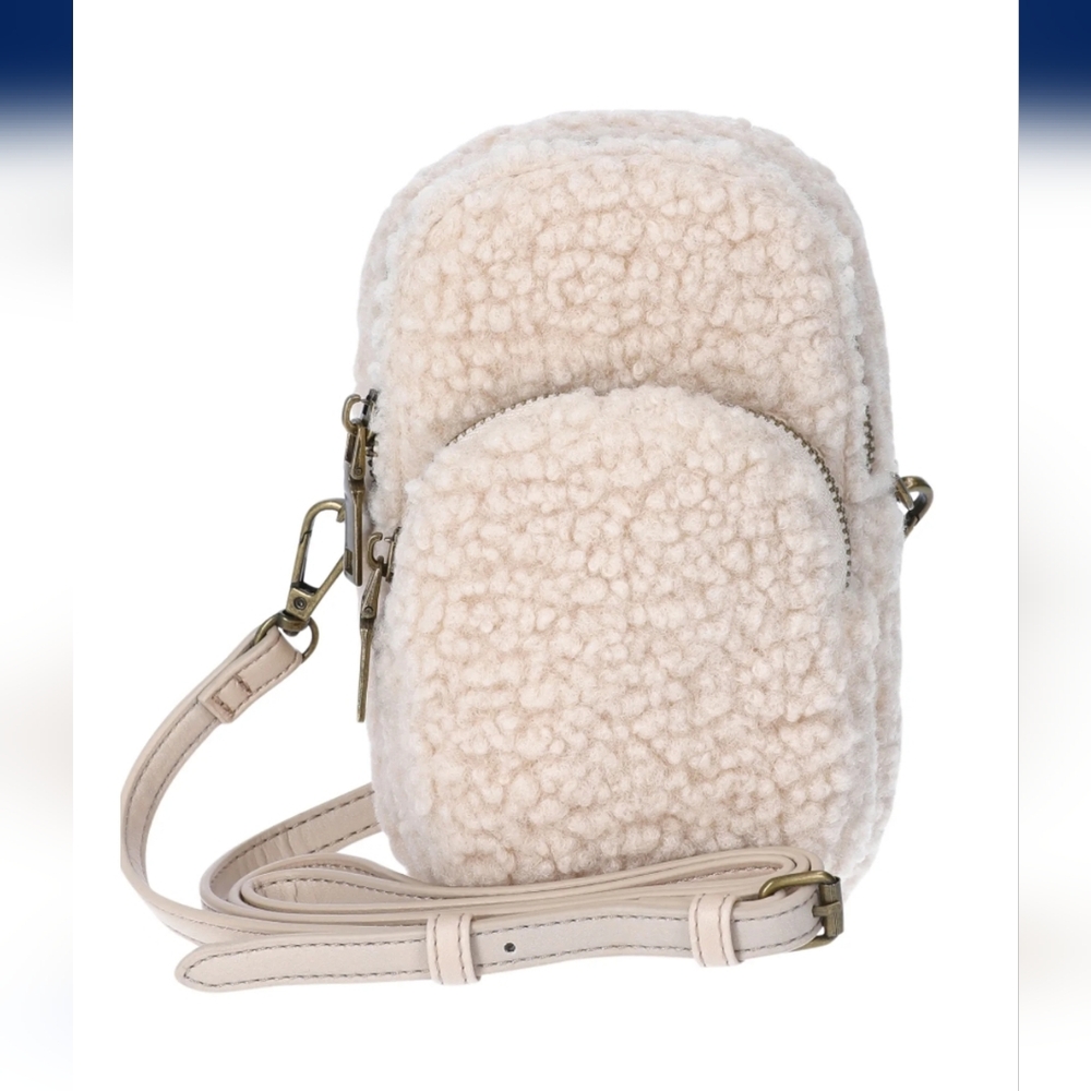 Brown Crossbody Bag with Cream Sherpa Pouch And Bom Bom Keychain Set Of 3 - Picture 7 of 17